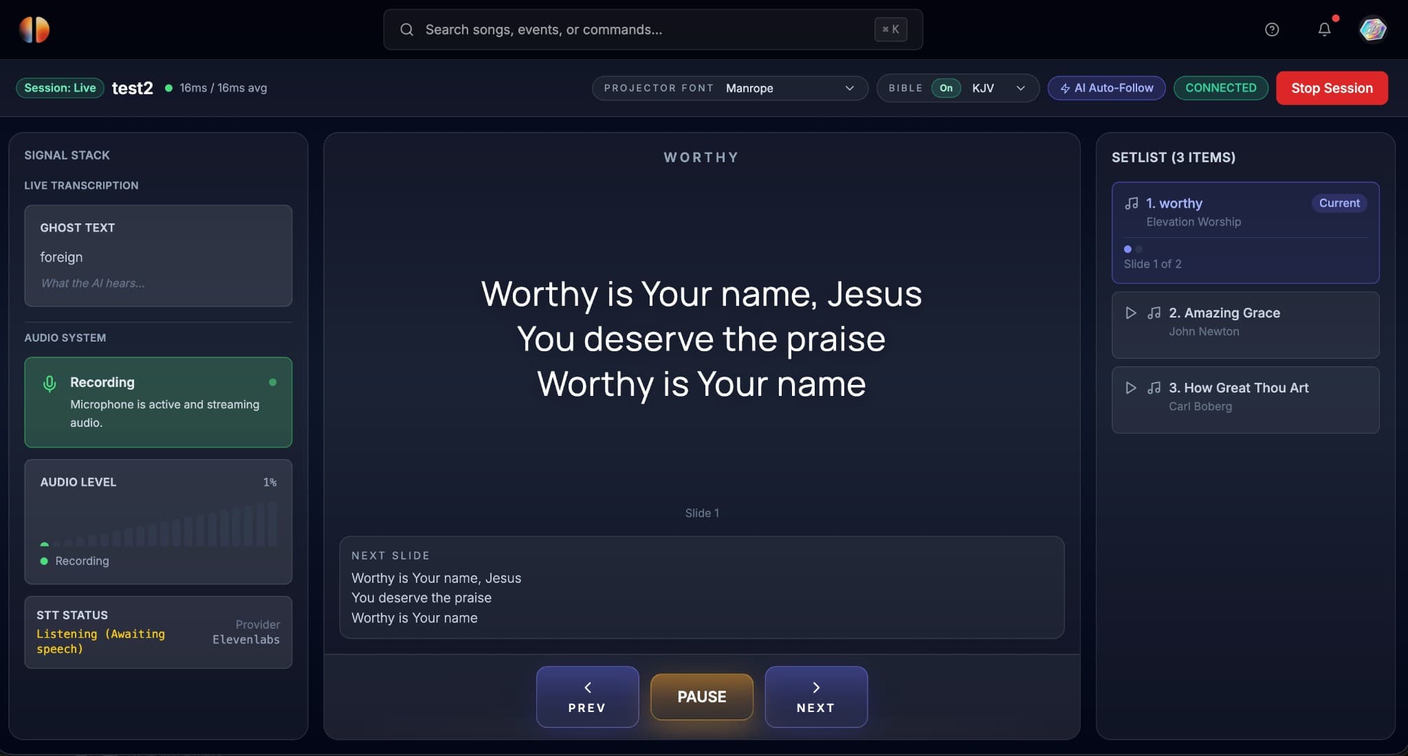 ParLeap operator console showing live session, setlist, and real-time transcription
